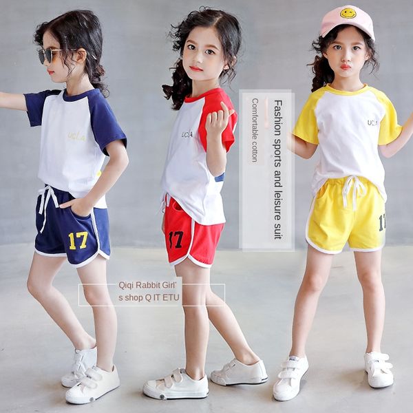 new children's clothing 2020 summer sports suit short sleeve + shorts suit fashion cute two-piece female cotton girl, White